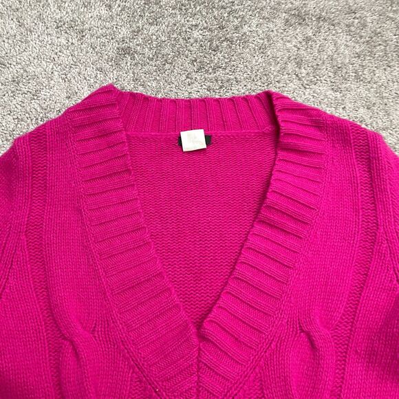 J. Crew Wool Cashmere Cable Knit Sweater Womens Small Hot Pink V-Neck Pullover - Picture 9 of 14
